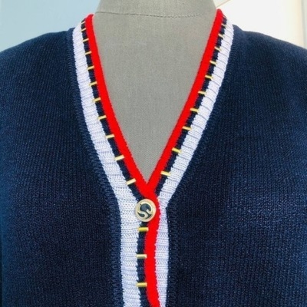 St John Knit Jacket Cardigan S M Vintage Button Front Blue Red White Luxury USA - Picture 6 of 8
